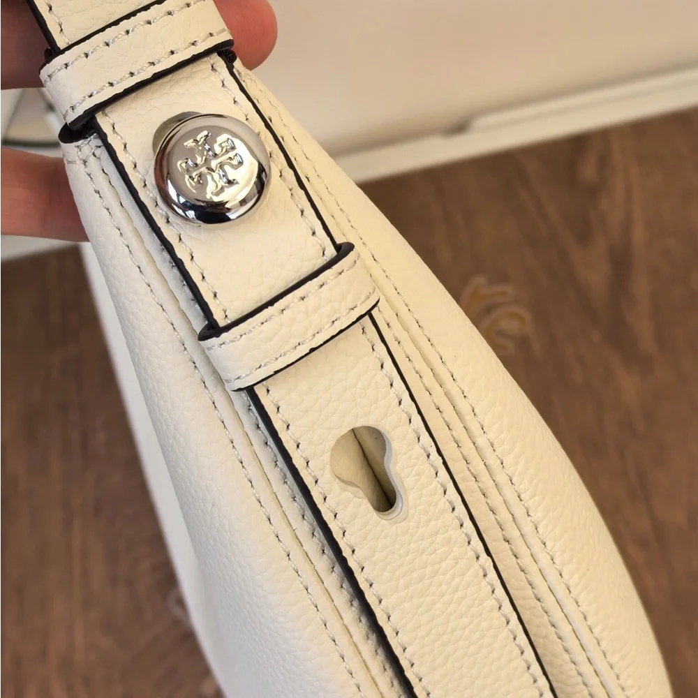 Tory Burch White Pebbled Crescent Shoulder Bag with Black Trim